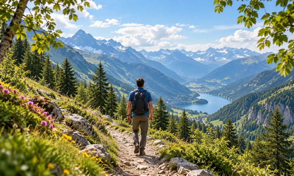 Wanderer auf einem Bergpfad mit Blick auf die Gipfel