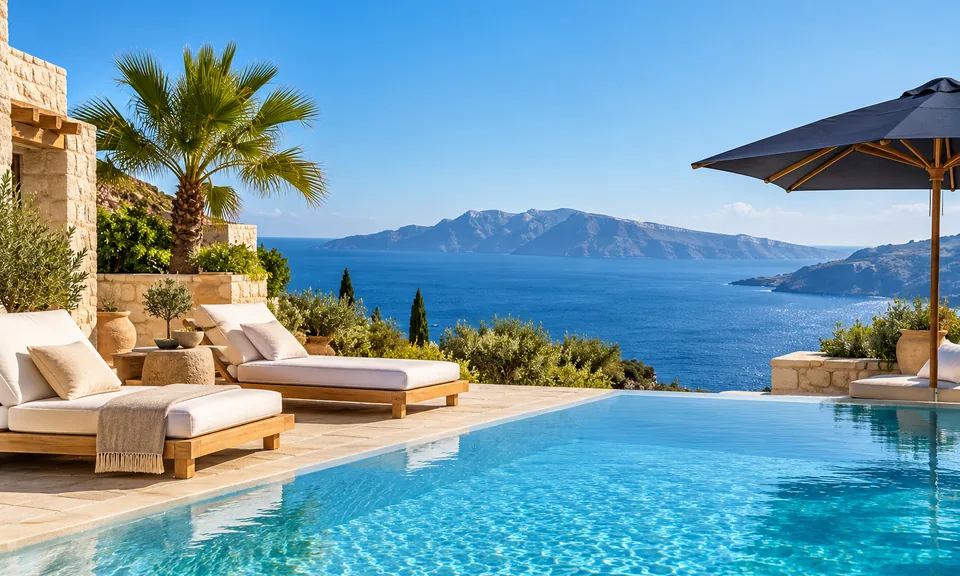 Poolterrasse mit Liegen und weitem Meerblick