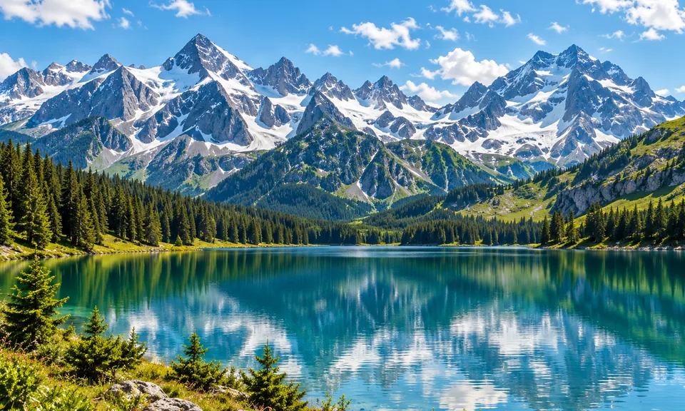Bergsee vor bewaldeten Hängen und hohen Gipfeln